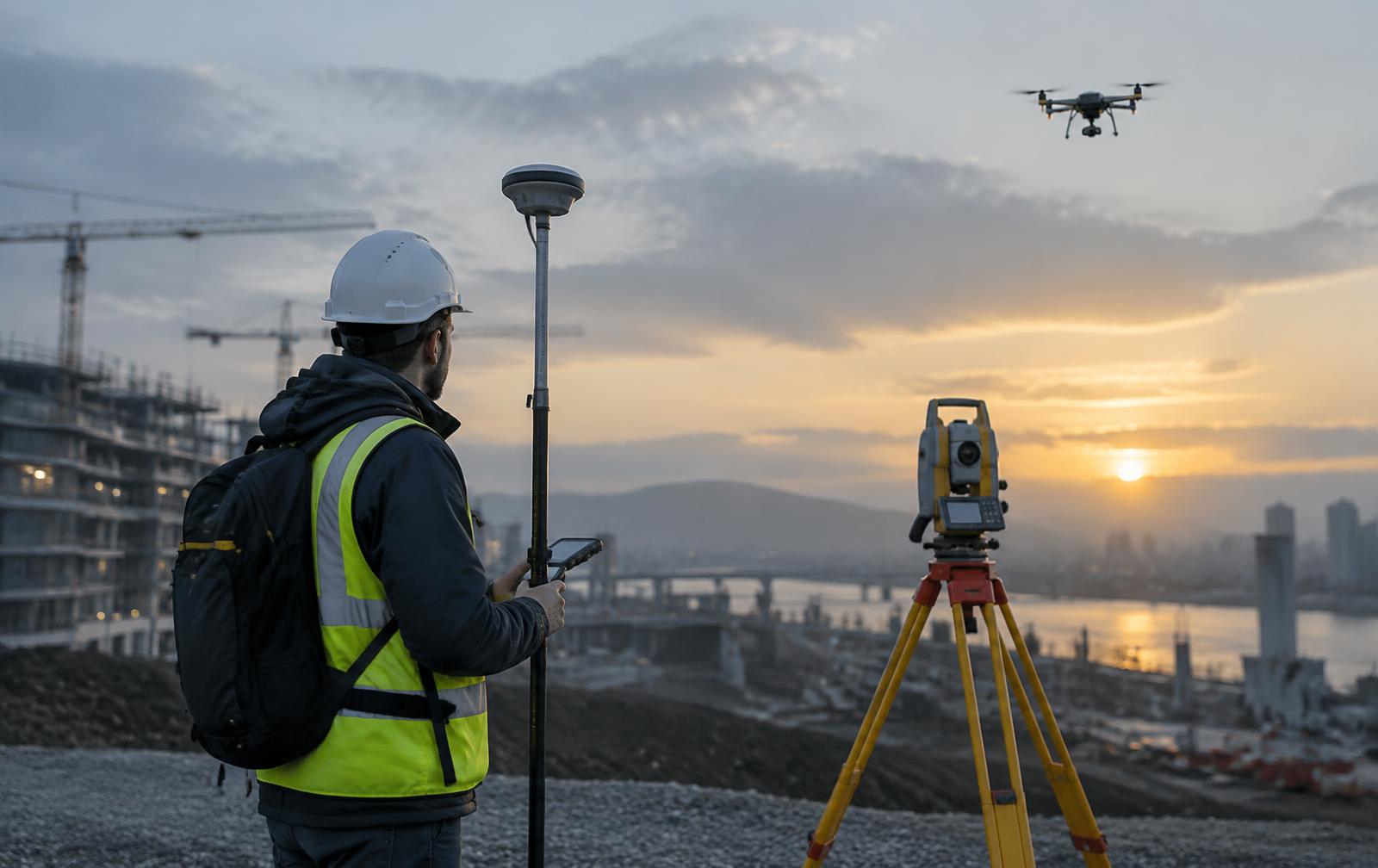 نقشهبردار با گیرنده GNSS و توتال استیشن در کارگاه ساختمانی